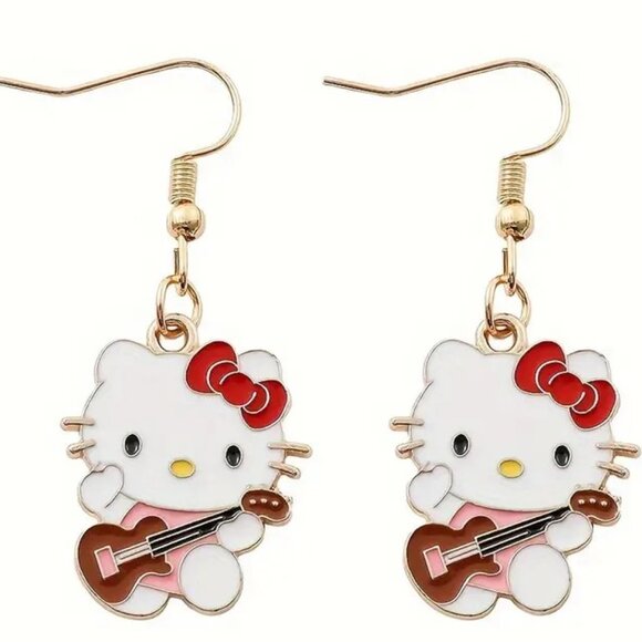 Hello Kitty Guitar Earrings Enamel Rock Sanrio Dangle Gold Goth Emo Scene Gift - Picture 1 of 2